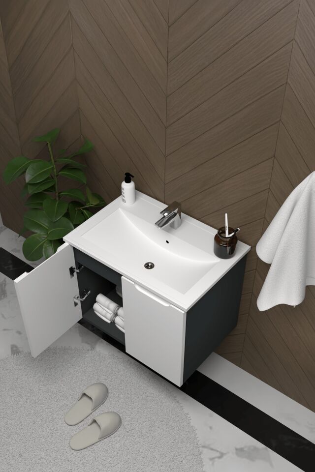 Teta Home Astana 65 cm MDF Gövde Membran Kapak Banyo Dolabı Seti + Boy Dolabı Antrasit-Beyaz