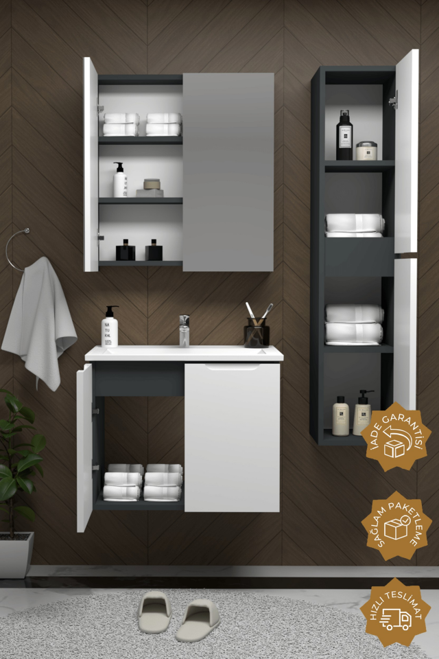Teta Home Astana 65 cm MDF Gövde Membran Kapak Banyo Dolabı Seti + Boy Dolabı Antrasit-Beyaz
