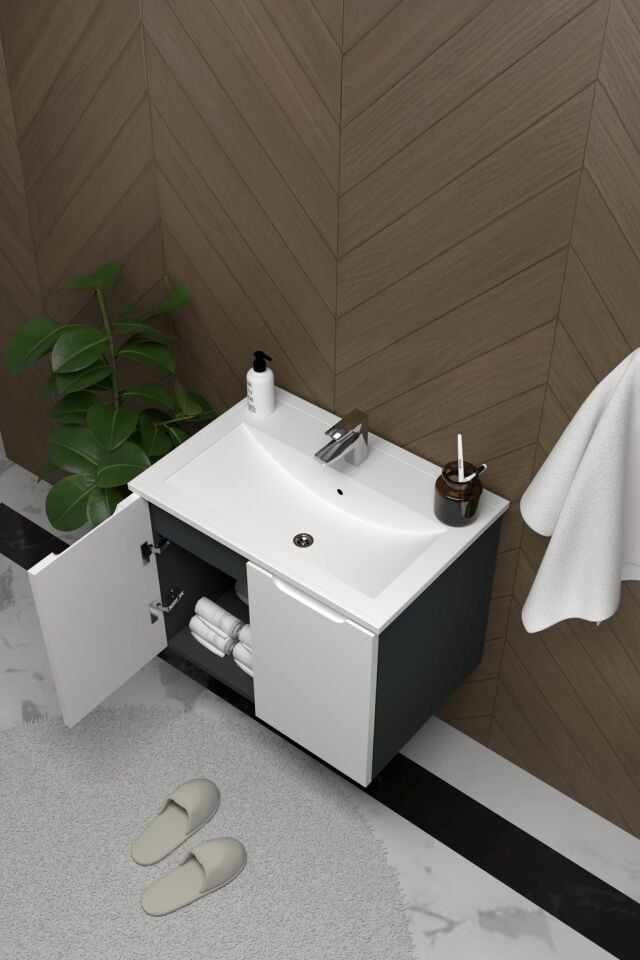 Teta Home Astana 80 cm MDF Gövde Membran Kapak Banyo Dolabı Seti + Boy Dolabı Antrasit-Beyaz