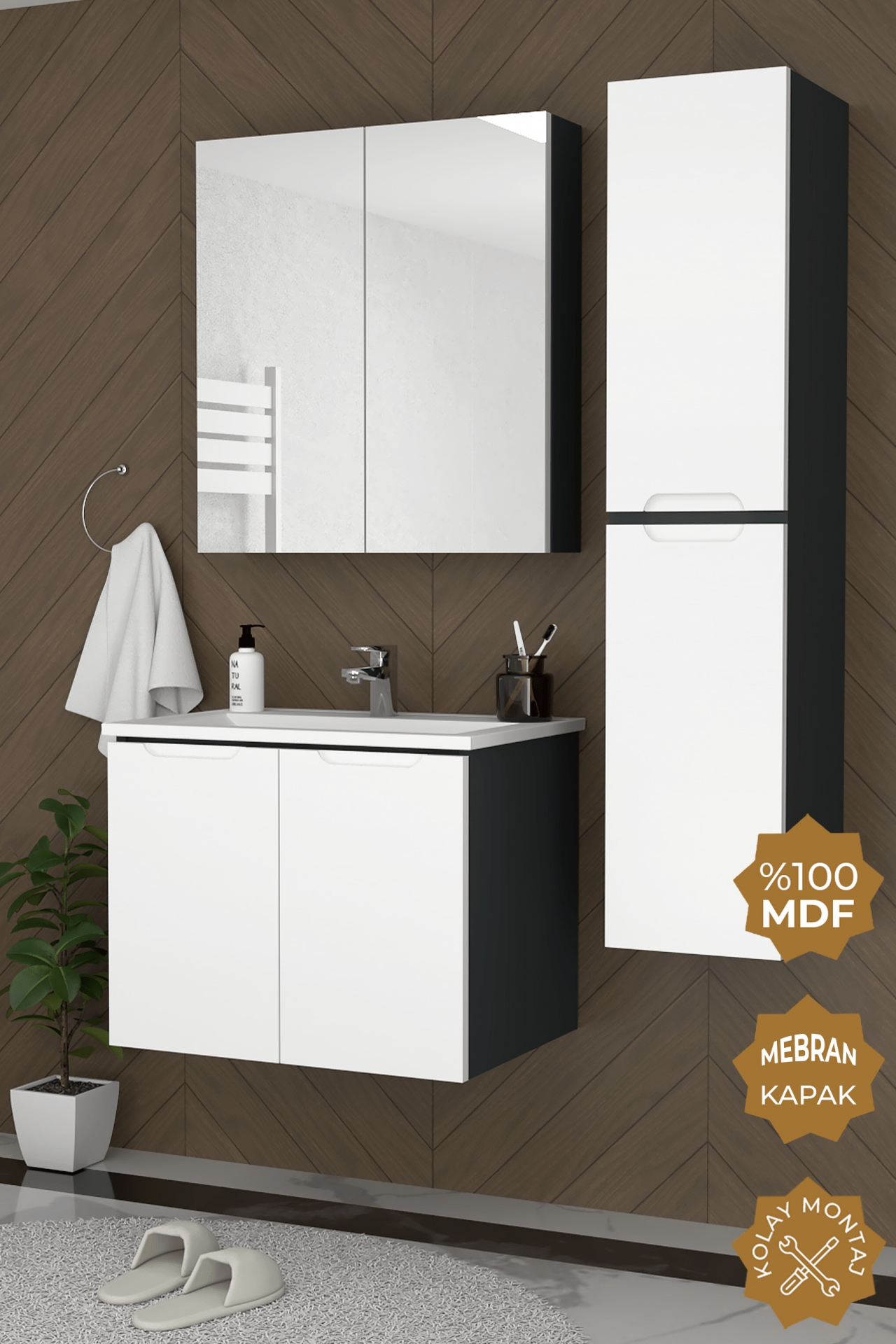 Teta Home Astana 80 cm MDF Gövde Membran Kapak Banyo Dolabı Seti + Boy Dolabı Antrasit-Beyaz