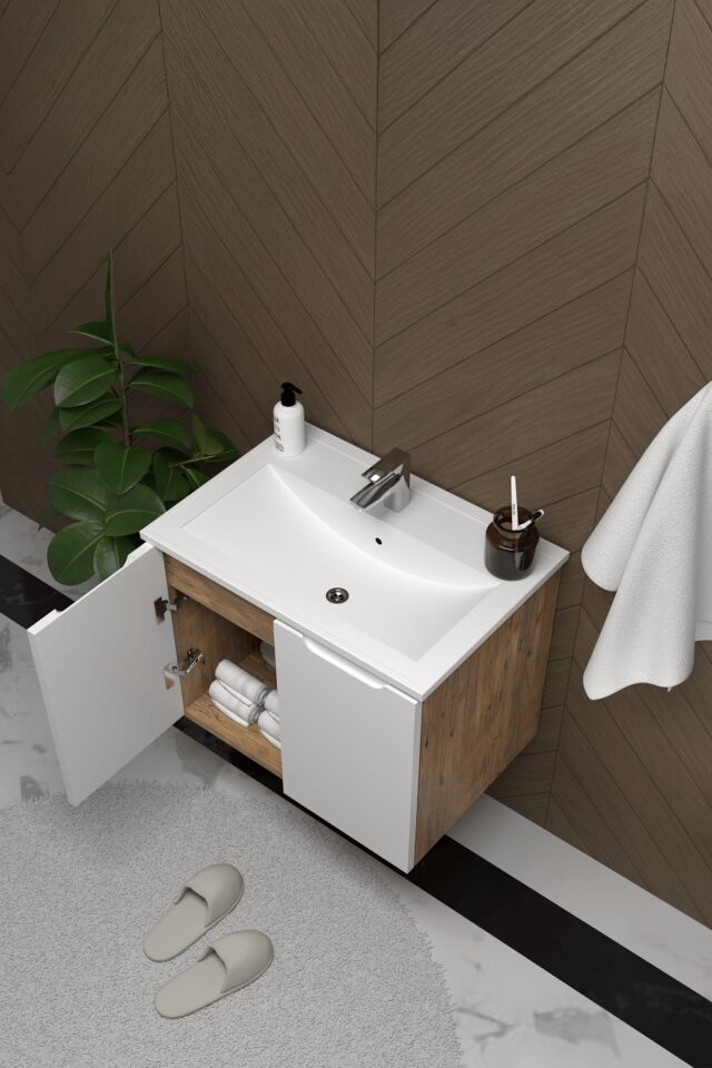 Teta Home Astana 80 cm MDF Gövde Membran Kapak Banyo Dolabı Seti + Boy Dolabı Atlantik Çam-Beyaz