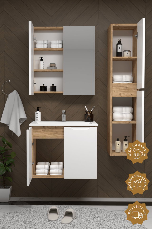 Teta Home Astana 80 cm MDF Gövde Membran Kapak Banyo Dolabı Seti + Boy Dolabı Atlantik Çam-Beyaz