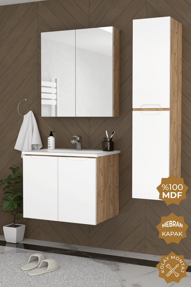 Teta Home Astana 80 cm MDF Gövde Membran Kapak Banyo Dolabı Seti + Boy Dolabı Atlantik Çam-Beyaz