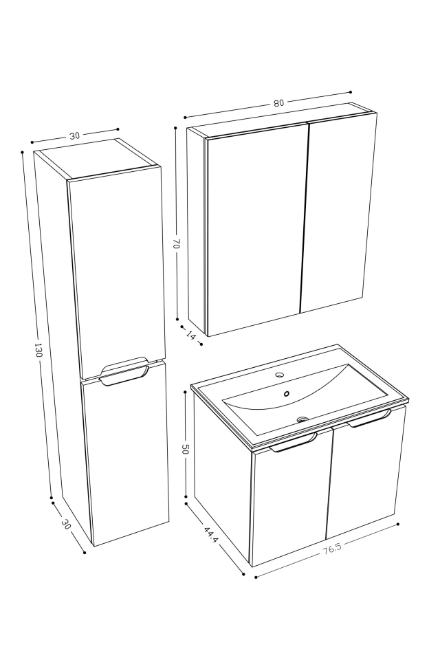 Teta Home Astana 80 cm MDF Gövde Membran Kapak Banyo Dolabı Seti + Boy Dolabı Atlantik Çam-Beyaz