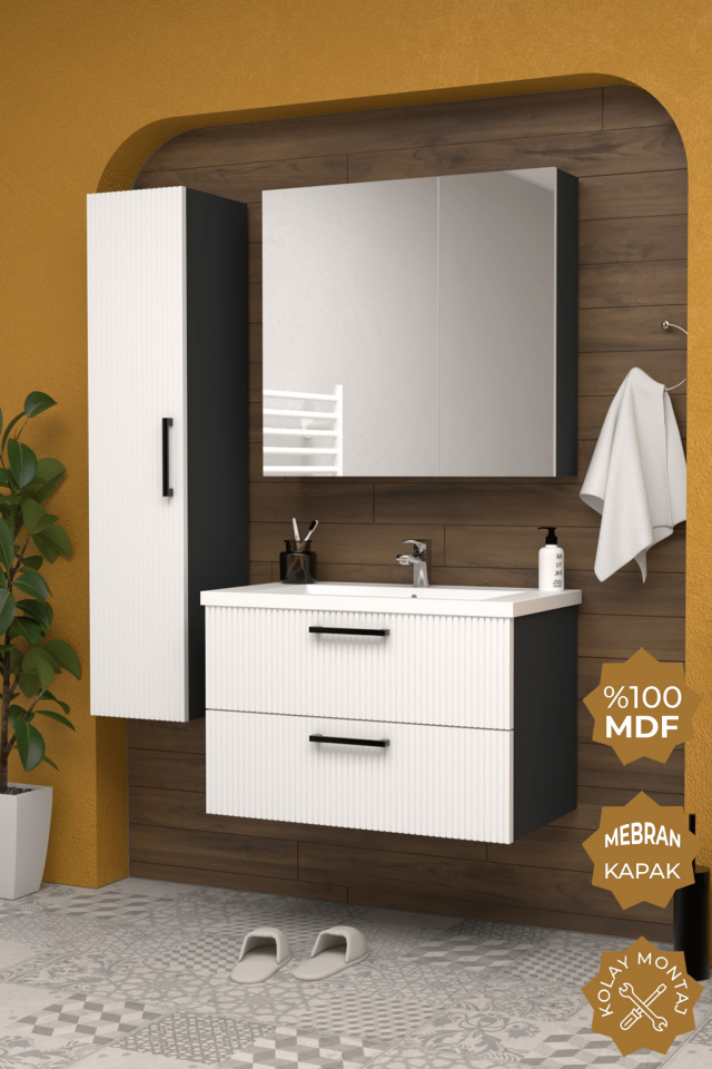 Teta Home Havana 65 cm MDF Gövde Membran Kapak Banyo Dolabı Seti + Boy Dolabı Antrasit-Beyaz