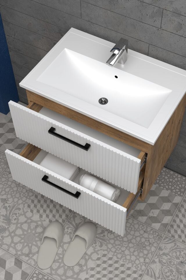 Teta Home Havana 65 cm MDF Gövde Membran Kapak Banyo Dolabı Seti + Boy Dolabı Atlantik Çam-Beyaz