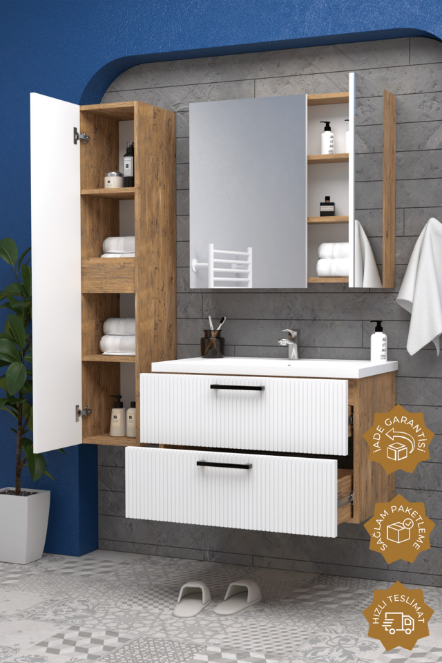Teta Home Havana 65 cm MDF Gövde Membran Kapak Banyo Dolabı Seti + Boy Dolabı Atlantik Çam-Beyaz