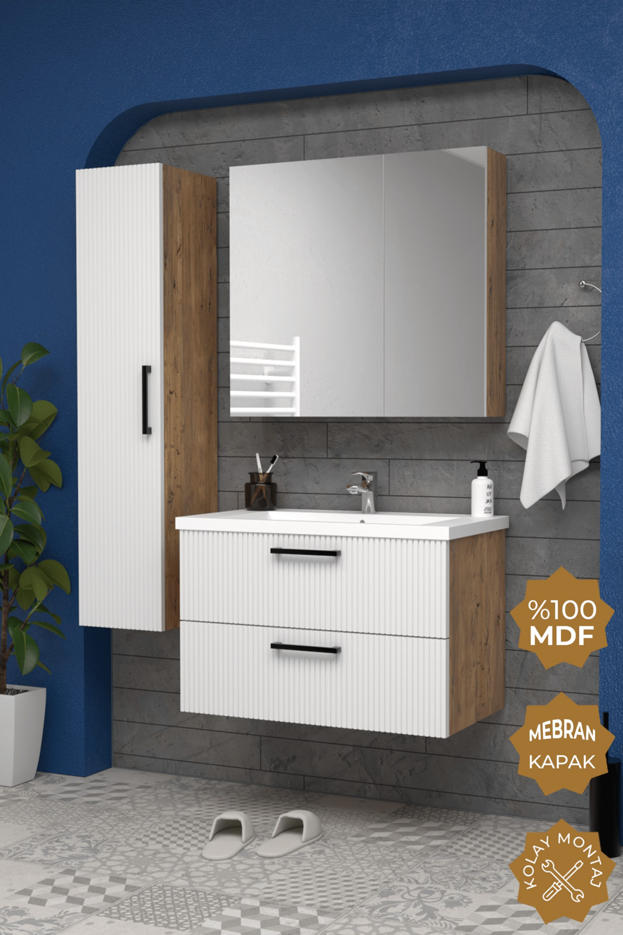 Teta Home Havana 65 cm MDF Gövde Membran Kapak Banyo Dolabı Seti + Boy Dolabı Atlantik Çam-Beyaz