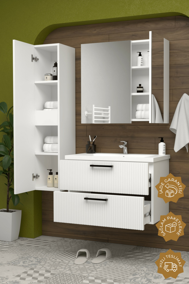 Teta Home Havana 80 cm MDF Gövde Membran Kapak Banyo Dolabı Seti + Boy Dolabı