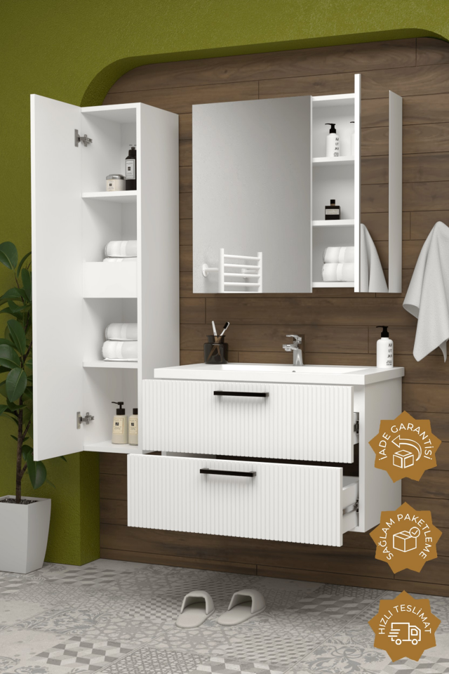 Teta Home Havana 80 cm MDF Gövde Membran Kapak Banyo Dolabı Seti + Boy Dolabı Beyaz
