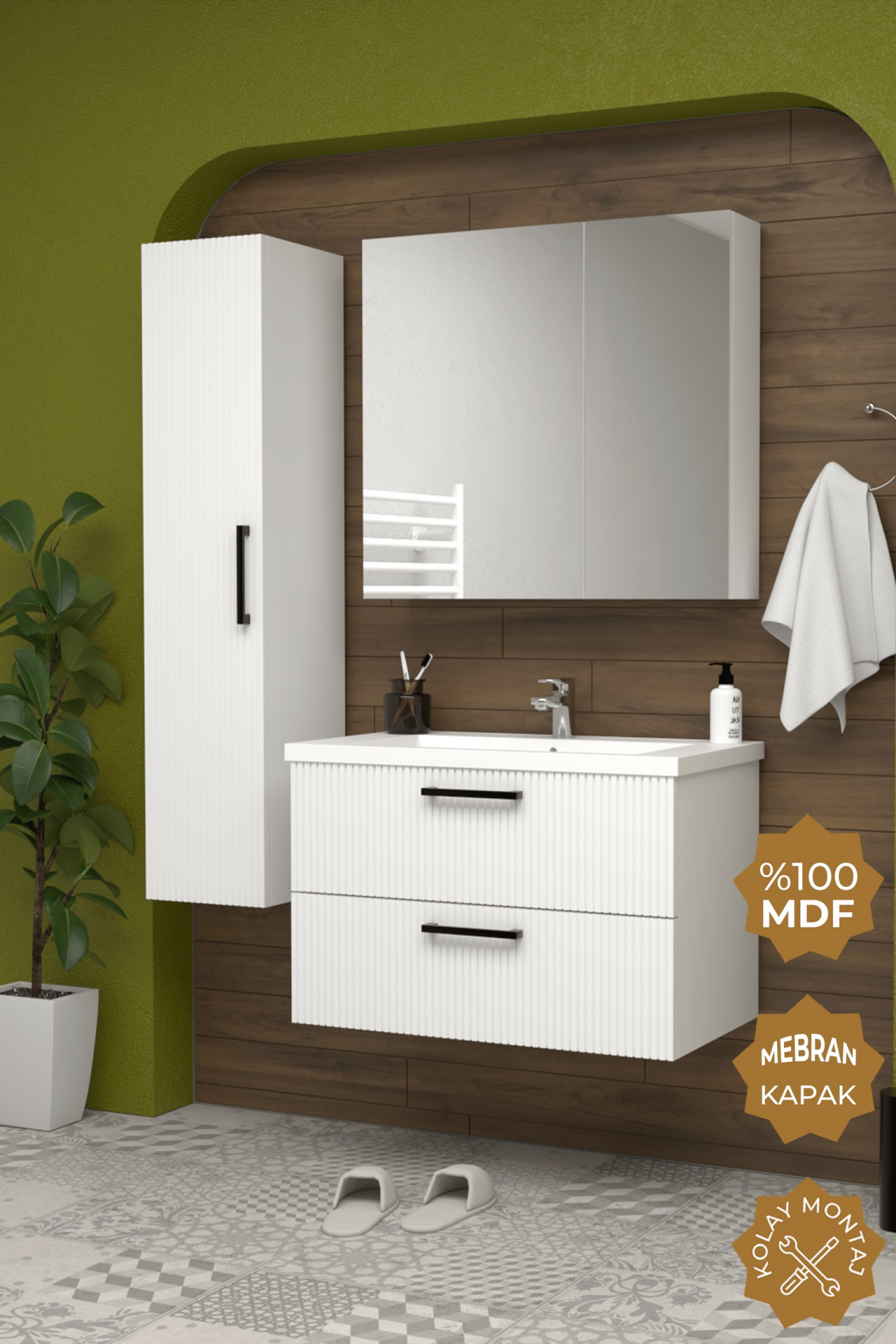 Teta Home Havana 80 cm MDF Gövde Membran Kapak Banyo Dolabı Seti + Boy Dolabı Beyaz