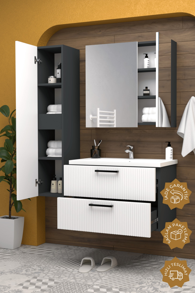 Teta Home Havana 80 cm MDF Gövde Membran Kapak Banyo Dolabı Seti + Boy Dolabı Antrasit-Beyaz
