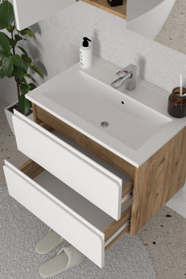 Teta Home Granada 80 cm MDF Gövde Membran Kapak Banyo Dolabı Seti + Boy Dolabı