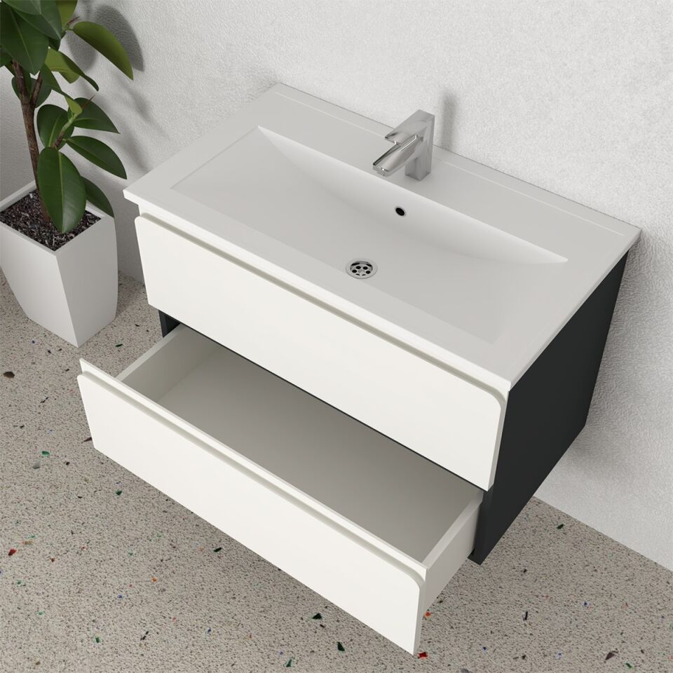 Teta Home Granada 80 cm MDF Gövde Membran Kapak Banyo Dolabı Seti + Boy Dolabı Antrasit-Beyaz