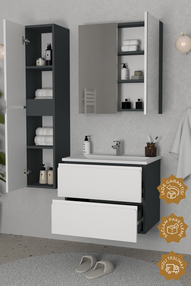 Teta Home Granada 80 cm MDF Gövde Membran Kapak Banyo Dolabı Seti + Boy Dolabı Antrasit-Beyaz