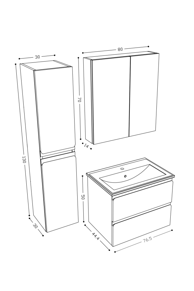Teta Home Granada 80 cm MDF Gövde Membran Kapak Banyo Dolabı Seti + Boy Dolabı Antrasit-Beyaz