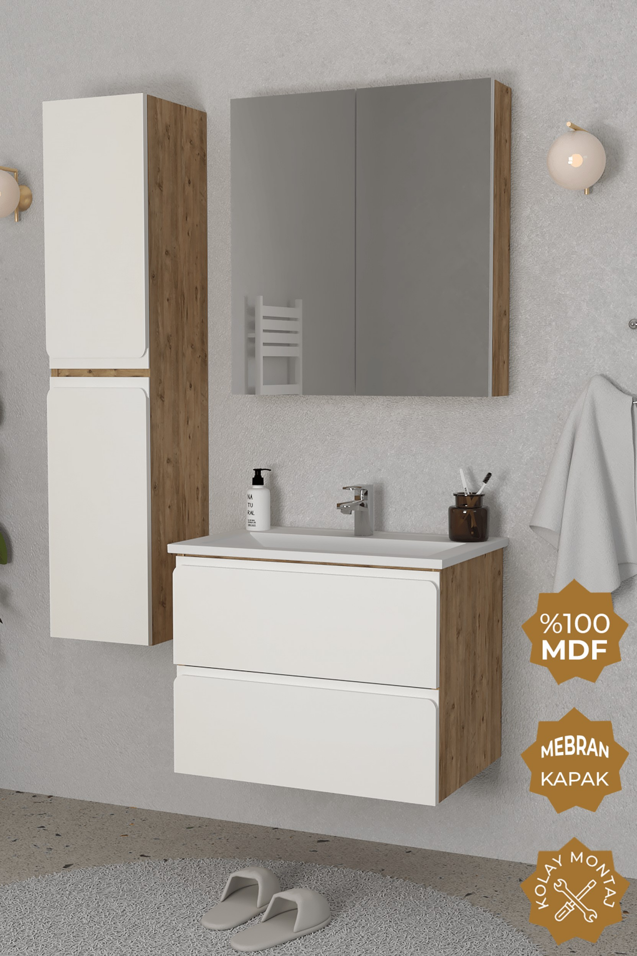 Teta Home Granada 80 cm MDF Gövde Membran Kapak Banyo Dolabı Seti + Boy Dolabı Atlantik Çam- Beyaz