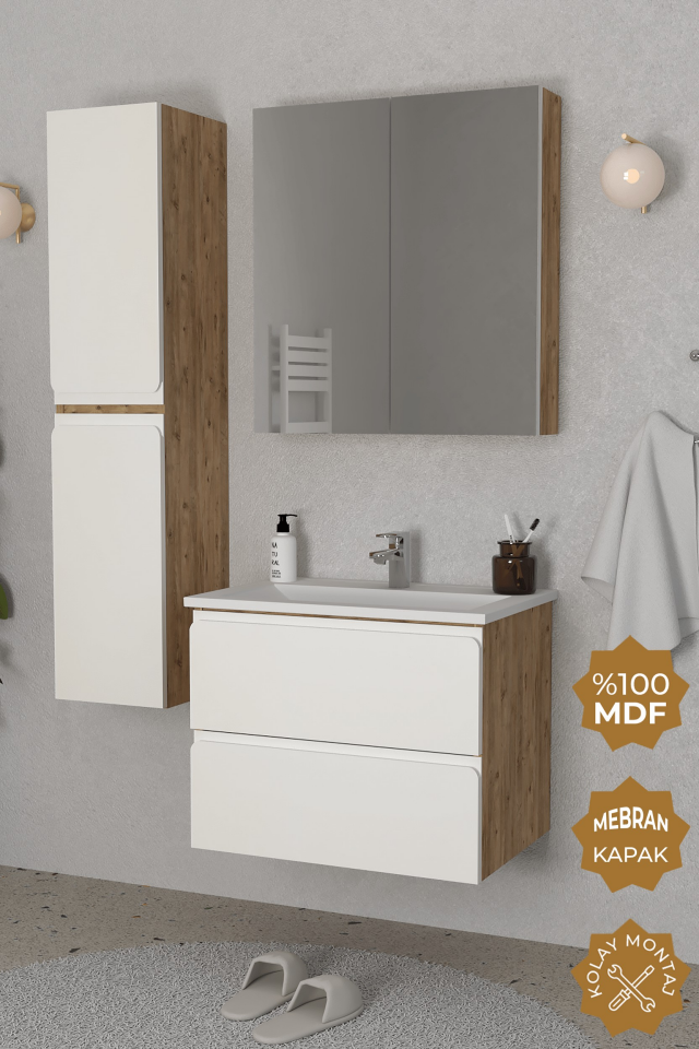 Teta Home Granada 80 cm MDF Gövde Membran Kapak Banyo Dolabı Seti + Boy Dolabı Atlantik Çam- Beyaz