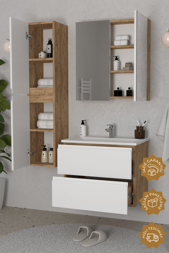 Teta Home Granada 80 cm MDF Gövde Membran Kapak Banyo Dolabı Seti + Boy Dolabı Atlantik Çam- Beyaz