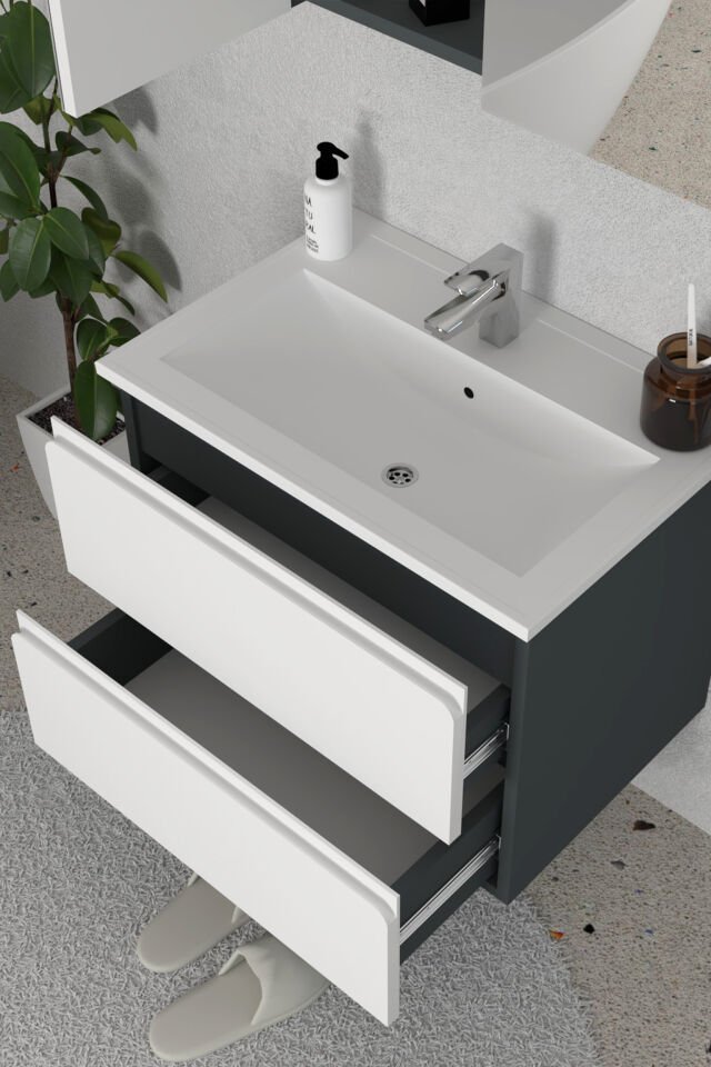 Teta Home Granada 65 cm MDF Gövde Membran Kapak Banyo Dolabı Seti + Boy Dolabı