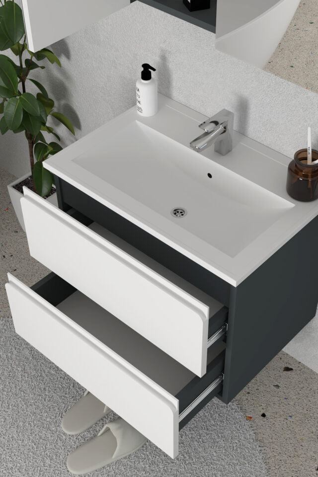 Teta Home Granada 65 cm MDF Gövde Membran Kapak Banyo Dolabı Seti + Boy Dolabı