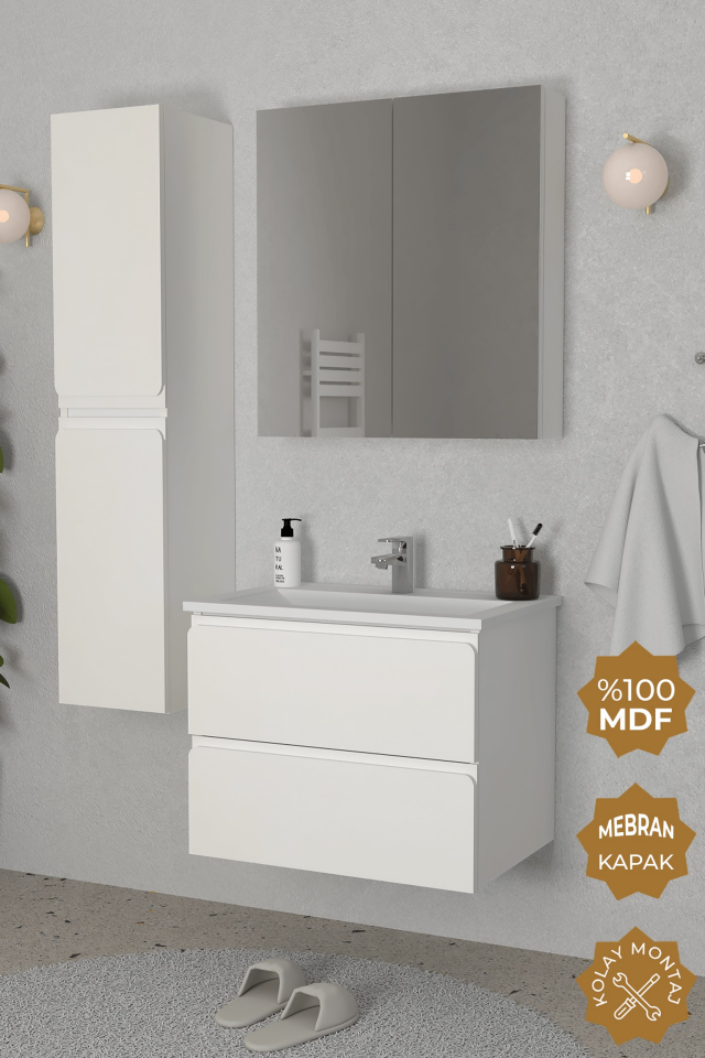 Teta Home Granada 65 cm MDF Gövde Membran Kapak Banyo Dolabı Seti + Boy Dolabı Beyaz