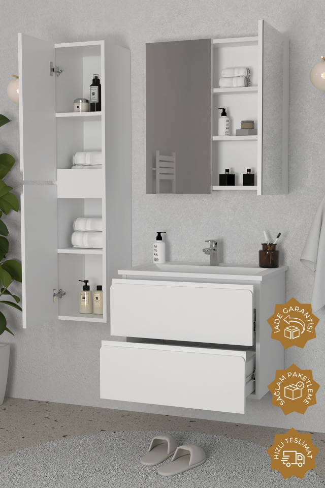 Teta Home Granada 65 cm MDF Gövde Membran Kapak Banyo Dolabı Seti + Boy Dolabı Beyaz