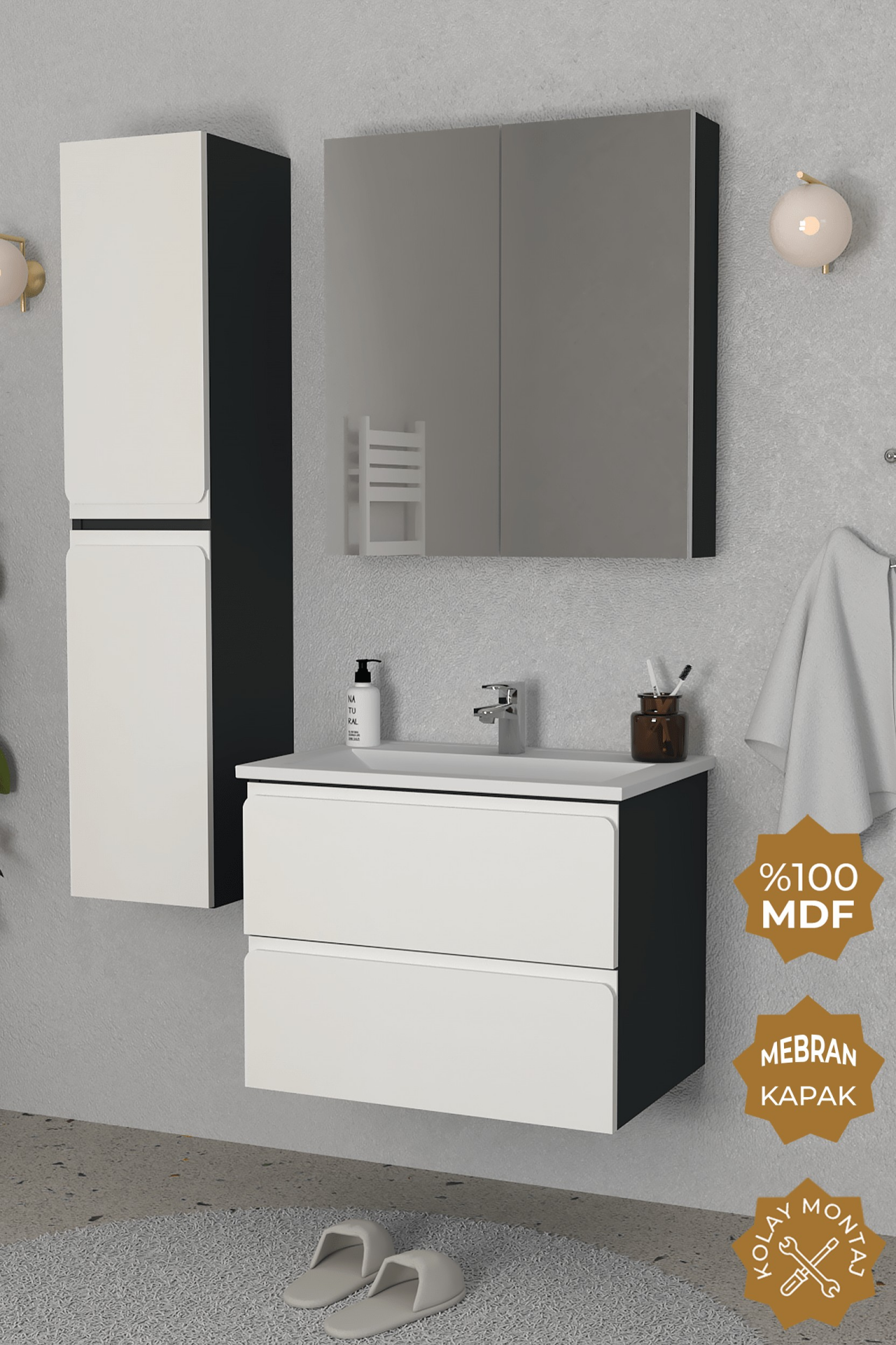 Teta Home Granada 65 cm MDF Gövde Membran Kapak Banyo Dolabı Seti + Boy Dolabı Antrasit-Beyaz