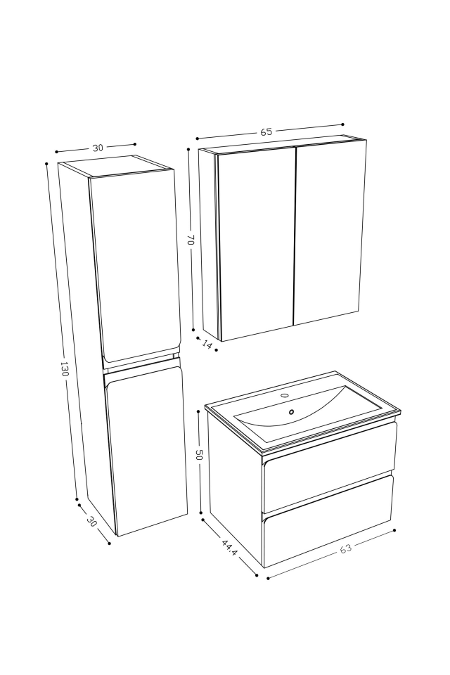 Teta Home Granada 65 cm MDF Gövde Membran Kapak Banyo Dolabı Seti + Boy Dolabı Antrasit-Beyaz