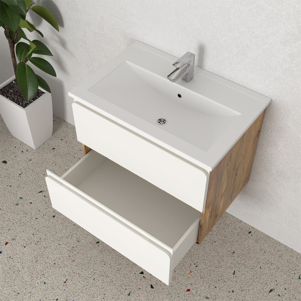 Teta Home Granada 65 cm MDF Gövde Membran Kapak Banyo Dolabı Seti + Boy Dolabı Atlantik Çam- Beyaz