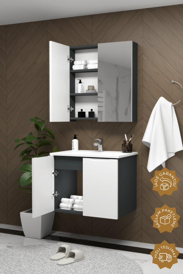 Teta Home Astana 65 cm MDF Gövde Membran Kapak Banyo Dolabı Seti Antrasit-Beyaz