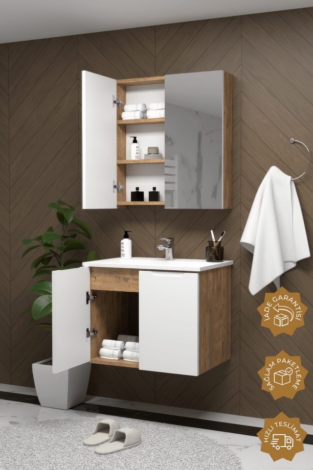 Teta Home Astana 65 cm MDF Gövde Membran Kapak Banyo Dolabı Seti Atlantik Çam-Beyaz