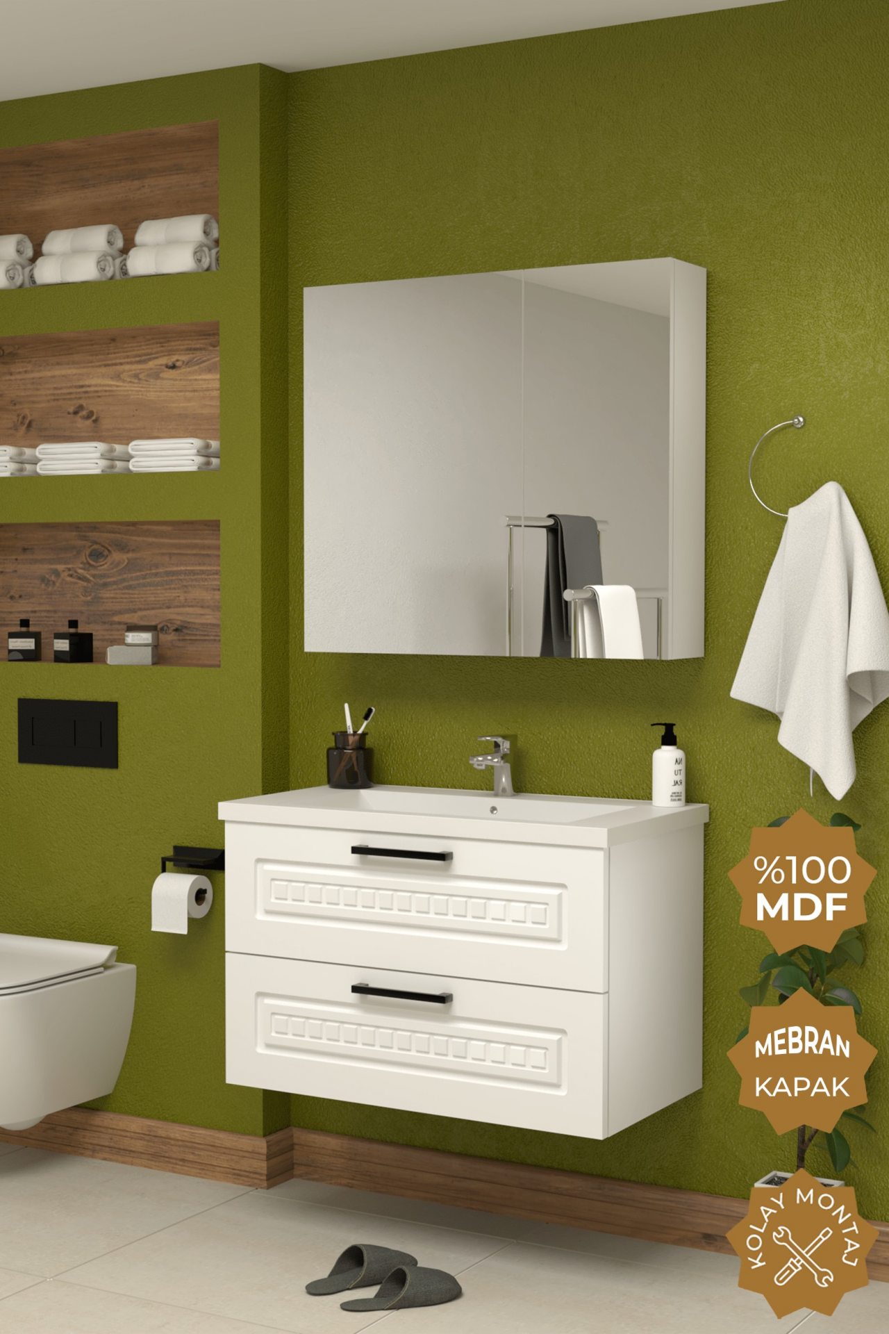 Teta Home Floransa 80 cm MDF Gövde Membran Kapak Banyo Dolabı Seti Beyaz
