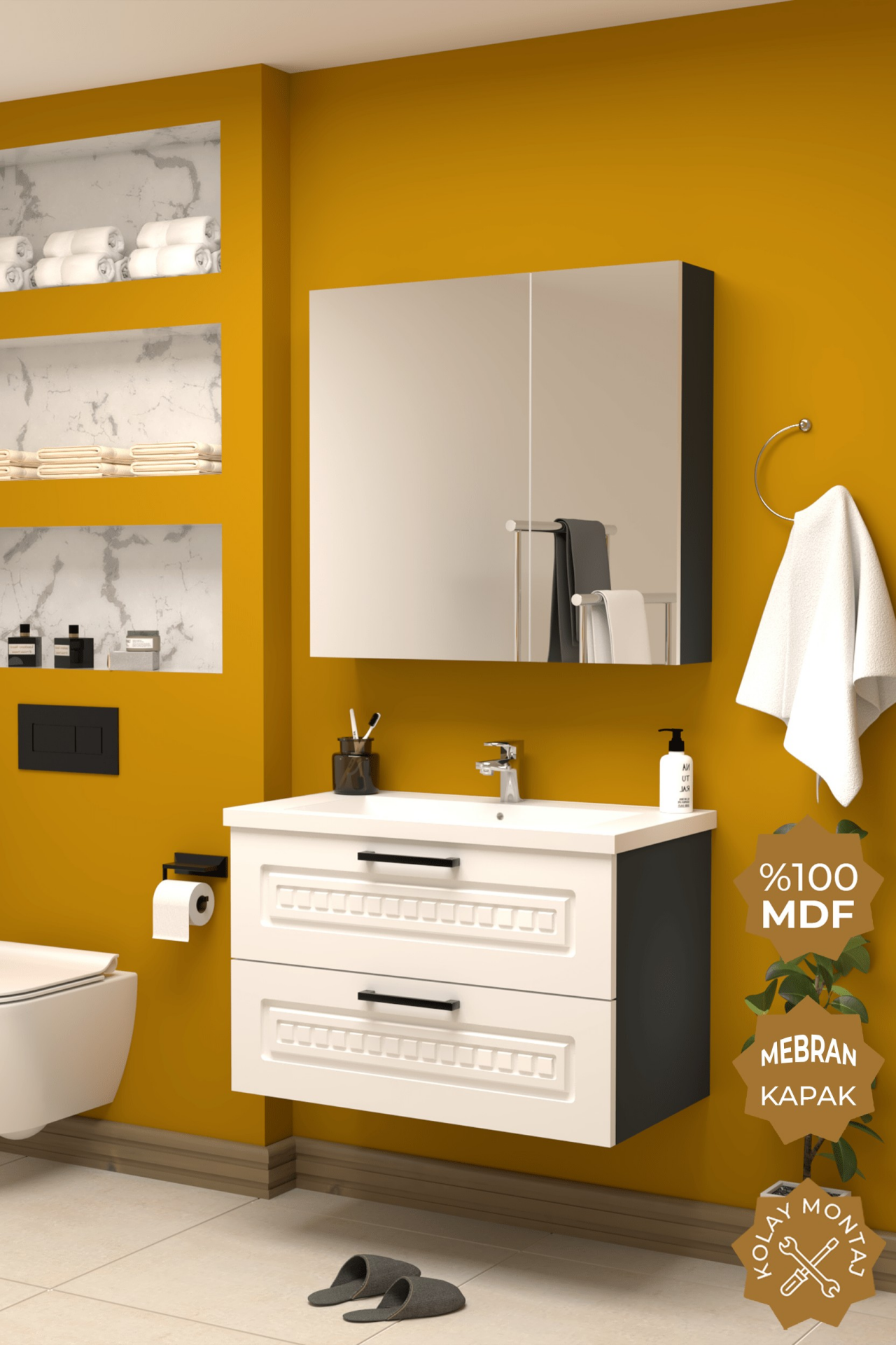 Teta Home Floransa 80 cm MDF Gövde Membran Kapak Banyo Dolabı Seti Antrasit-Beyaz
