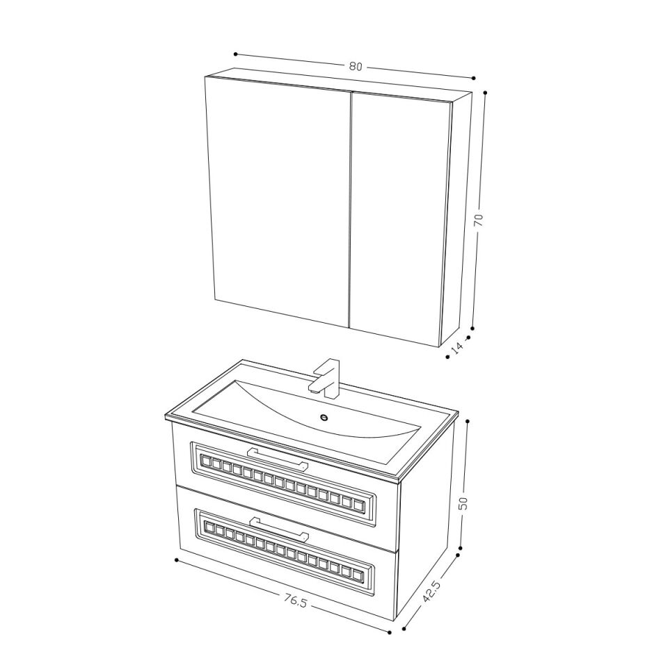 Teta Home Floransa 80 cm MDF Gövde Membran Kapak Banyo Dolabı Seti Antrasit-Beyaz