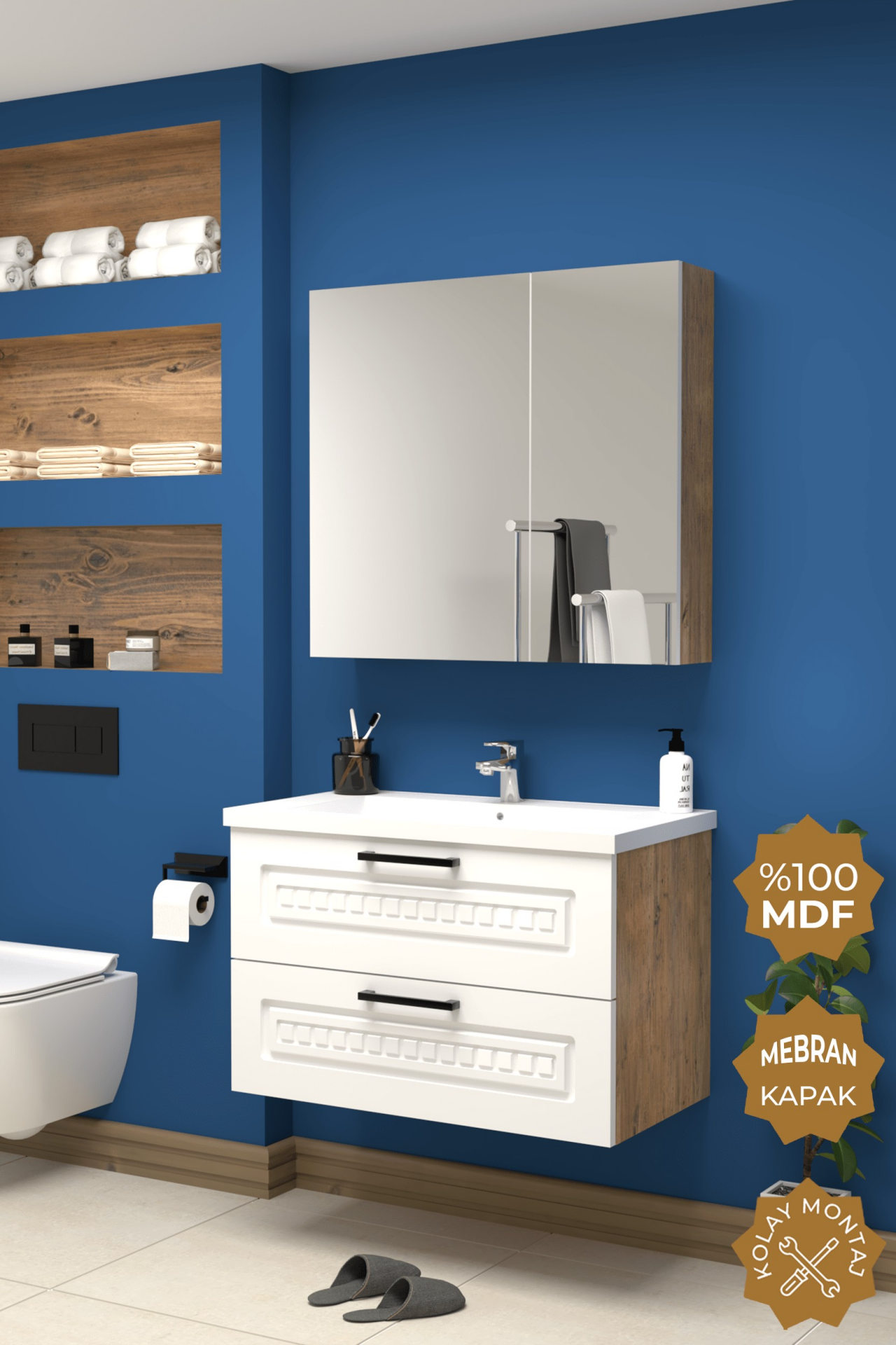 Teta Home Floransa 80 cm MDF Gövde Membran Kapak Banyo Dolabı Seti Atlantik Çam- Beyaz