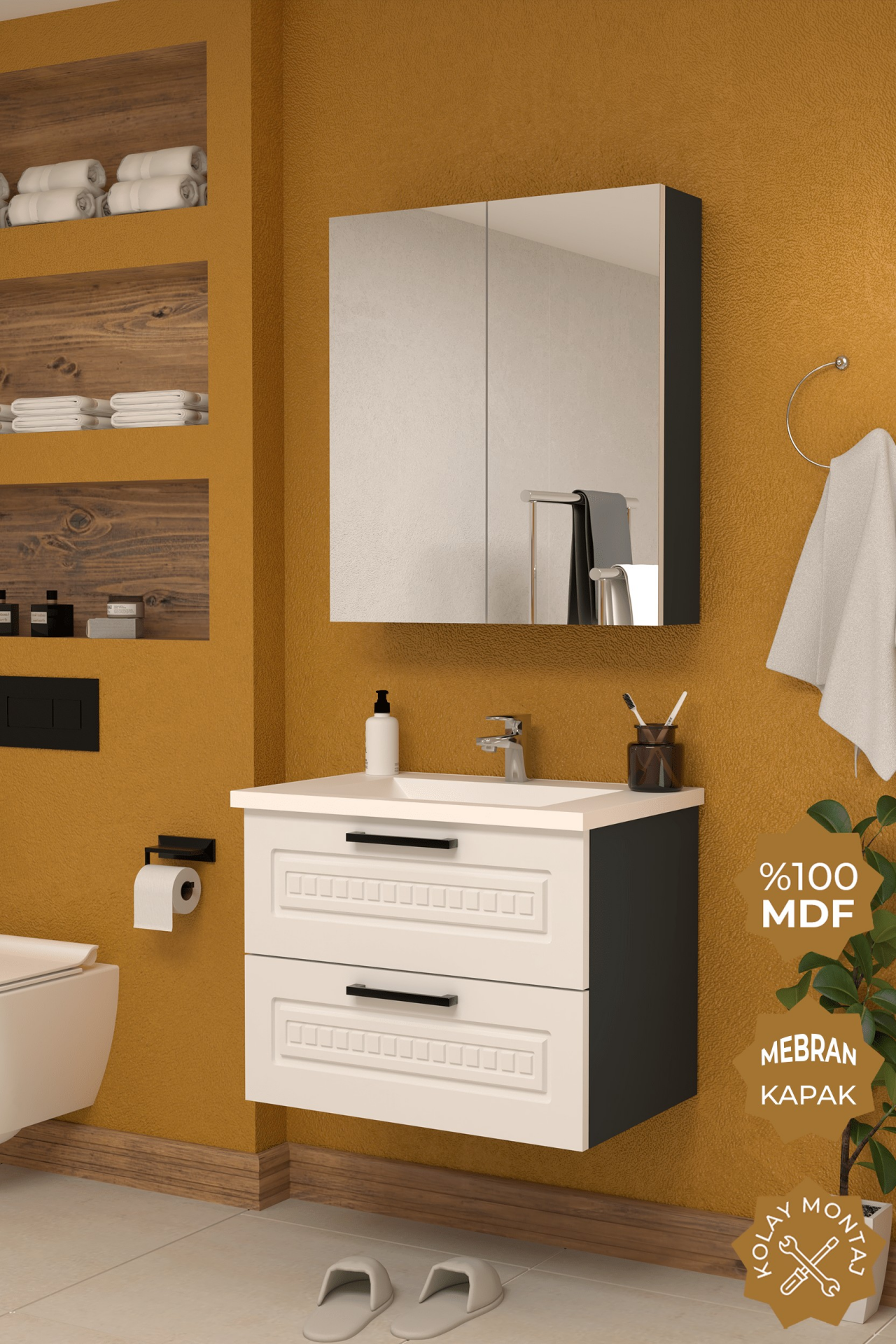 Teta Home Floransa 65 cm MDF Gövde Membran Kapak Banyo Dolabı Seti Beyaz
