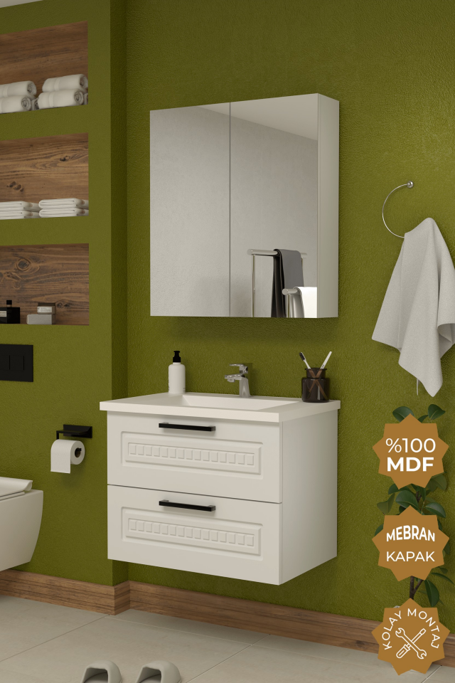 Teta Home Floransa 65 cm MDF Gövde Membran Kapak Banyo Dolabı Seti Beyaz