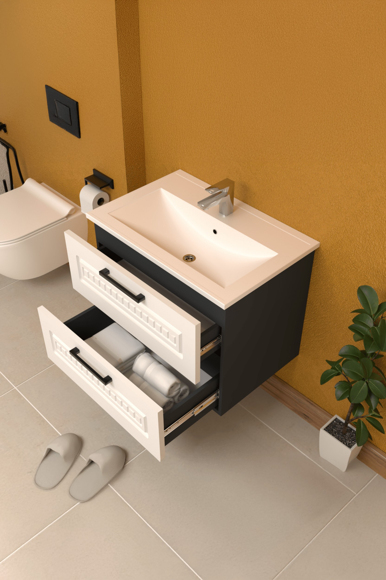 Teta Home Floransa 65 cm MDF Gövde Membran Kapak Banyo Dolabı Seti Antrasit-Beyaz