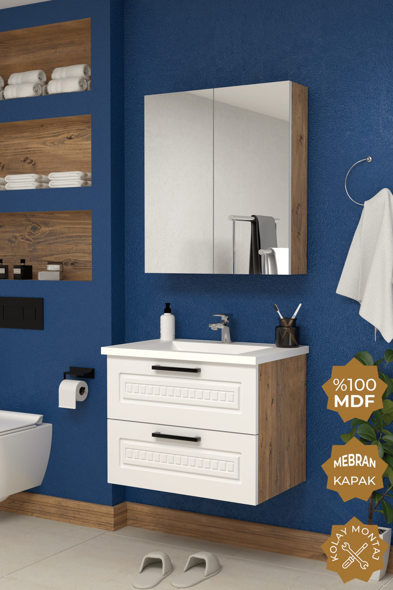 Teta Home Floransa 65 cm MDF Gövde Membran Kapak Banyo Dolabı Seti Atlantik Çam- Beyaz