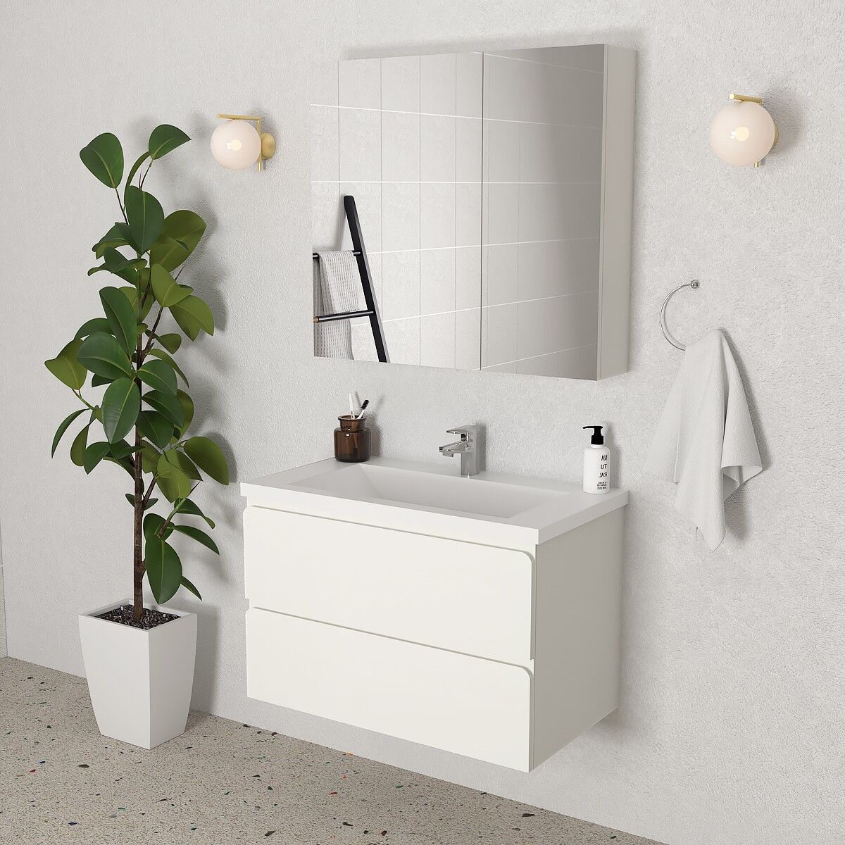 Teta Home Granada 80 cm MDF Gövde Membran Kapak Banyo Dolabı Seti Beyaz