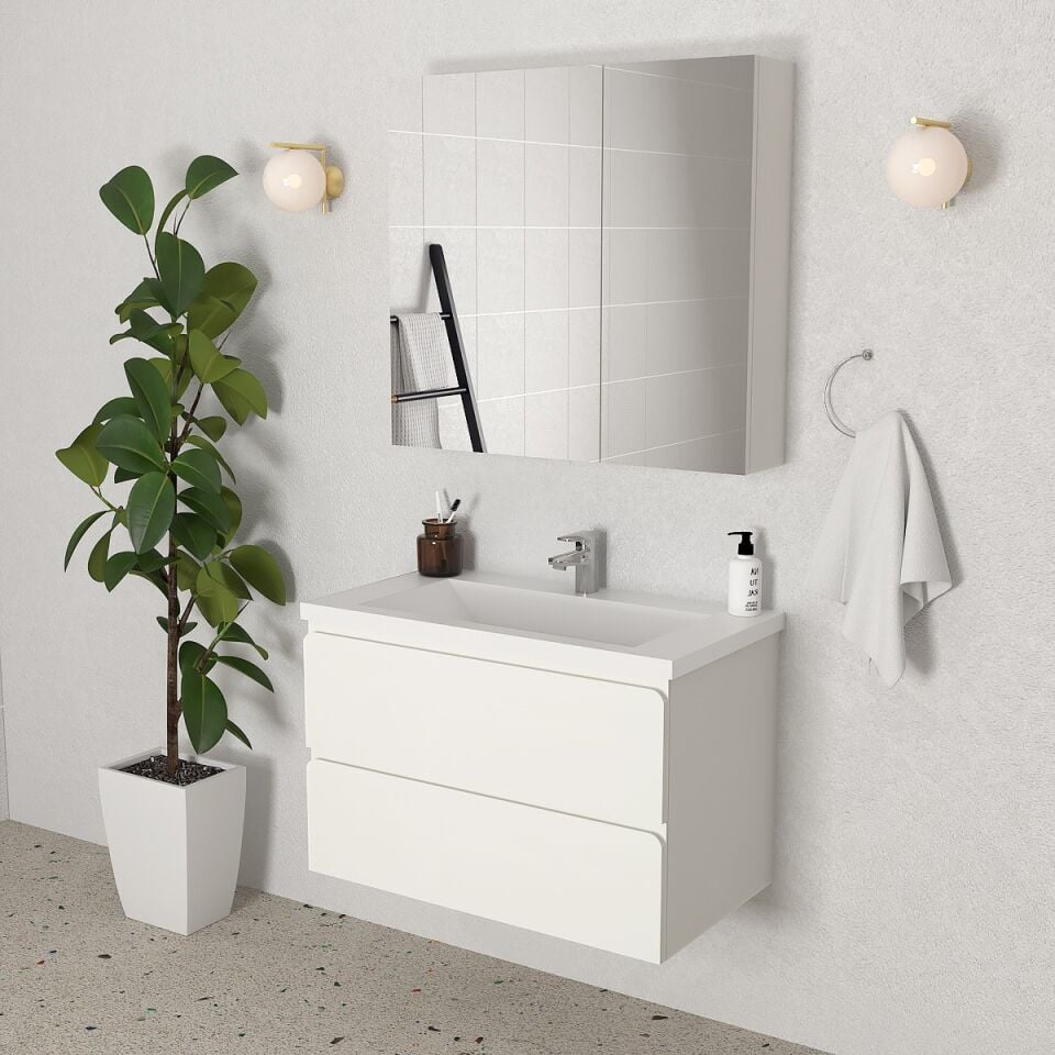 Teta Home Granada 80 cm MDF Gövde Membran Kapak Banyo Dolabı Seti Beyaz