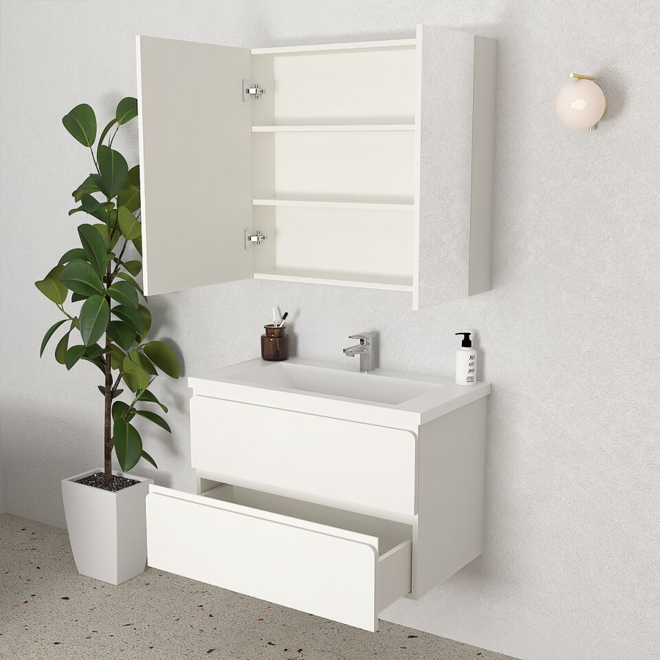Teta Home Granada 80 cm MDF Gövde Membran Kapak Banyo Dolabı Seti Beyaz