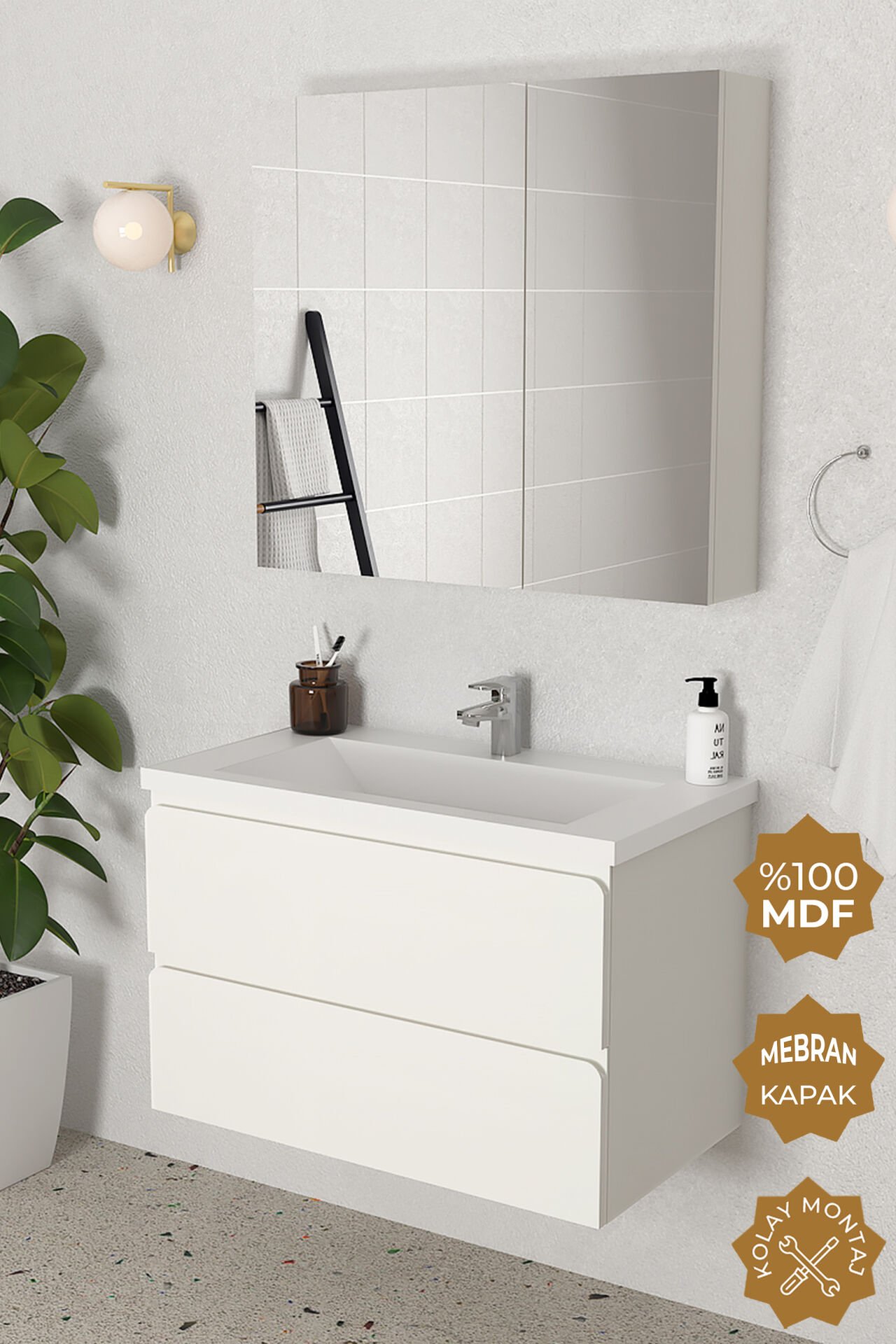 Teta Home Granada 80 cm MDF Gövde Membran Kapak Banyo Dolabı Seti Beyaz