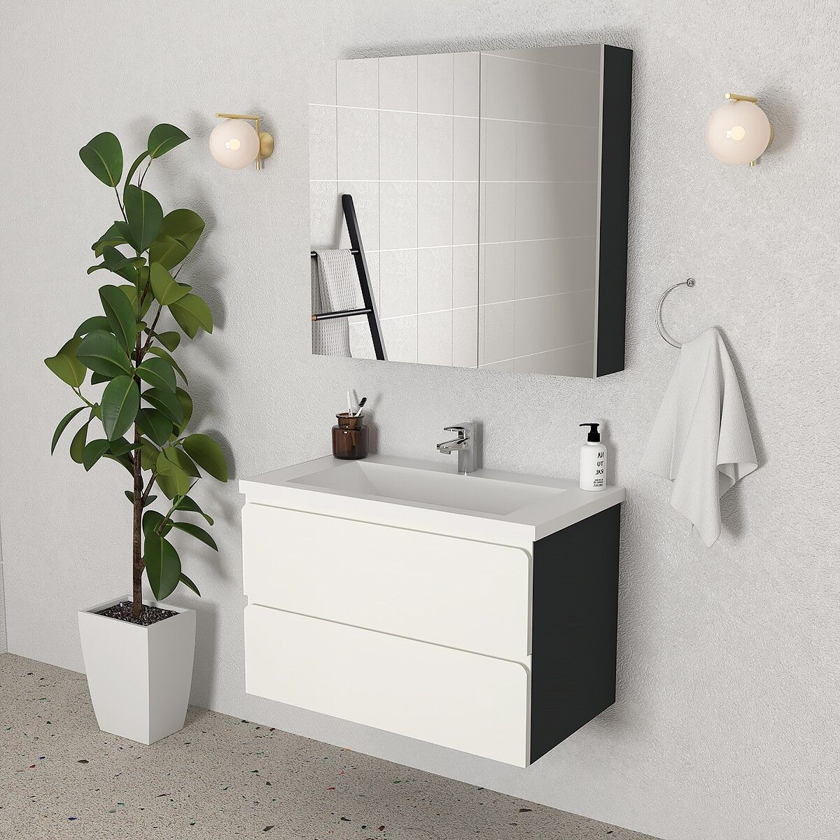 Teta Home Granada 80 cm MDF Gövde Membran Kapak Banyo Dolabı Seti Antrasit-Beyaz