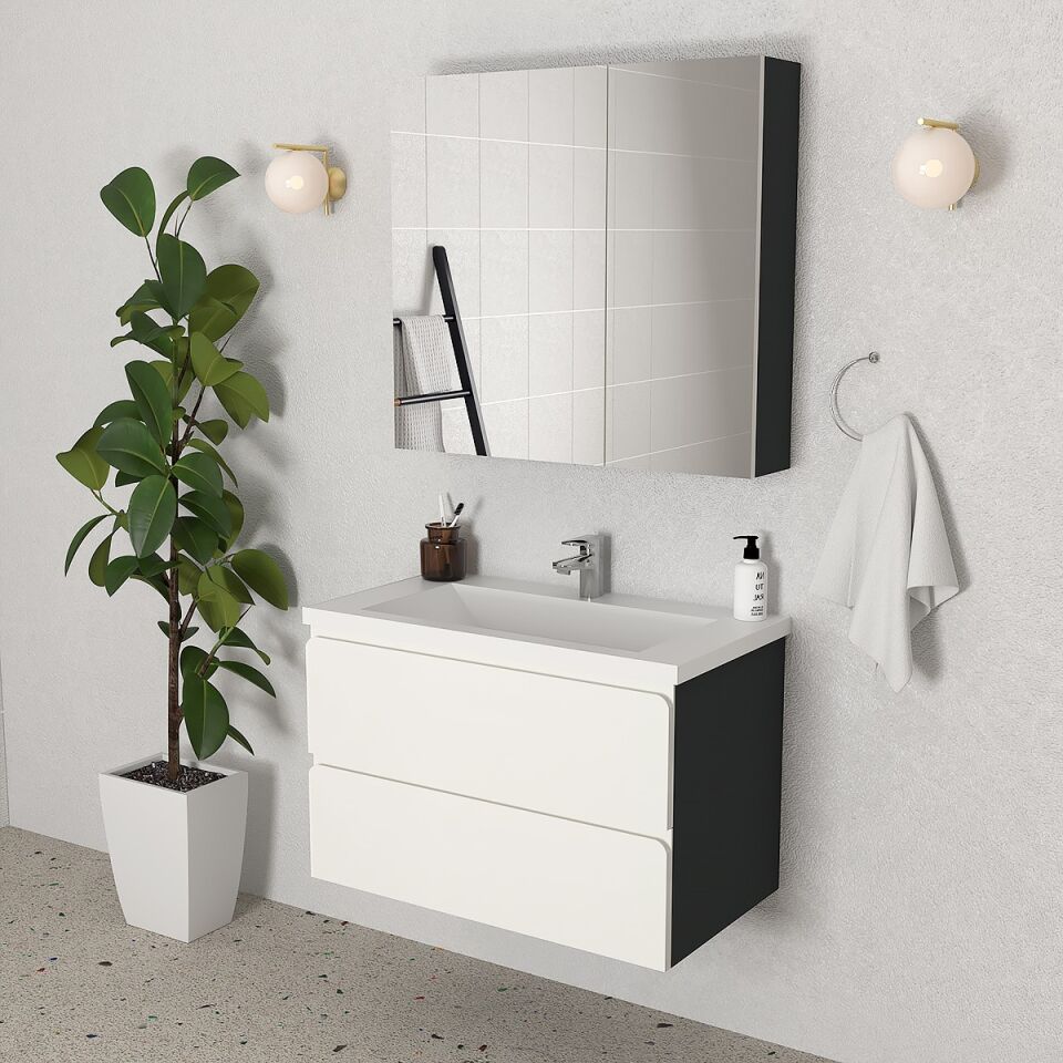Teta Home Granada 80 cm MDF Gövde Membran Kapak Banyo Dolabı Seti Antrasit-Beyaz