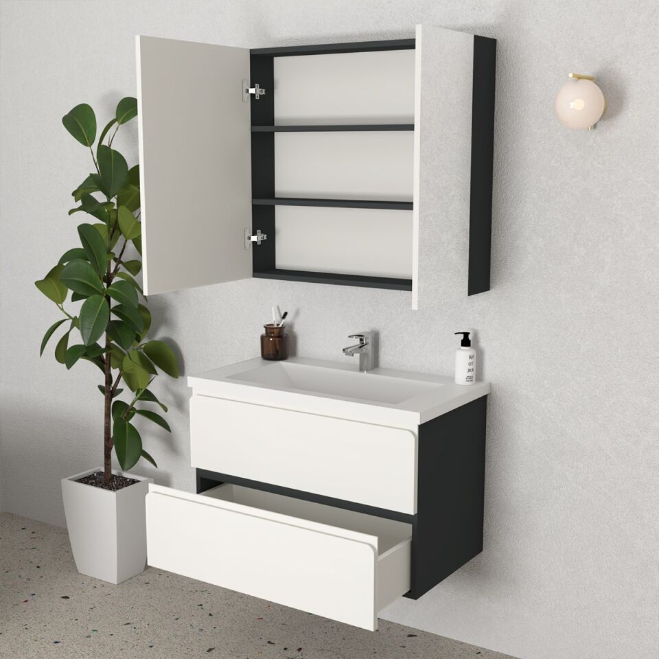 Teta Home Granada 80 cm MDF Gövde Membran Kapak Banyo Dolabı Seti Antrasit-Beyaz
