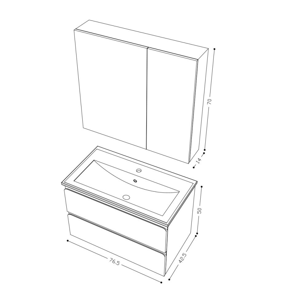 Teta Home Granada 80 cm MDF Gövde Membran Kapak Banyo Dolabı Seti Antrasit-Beyaz