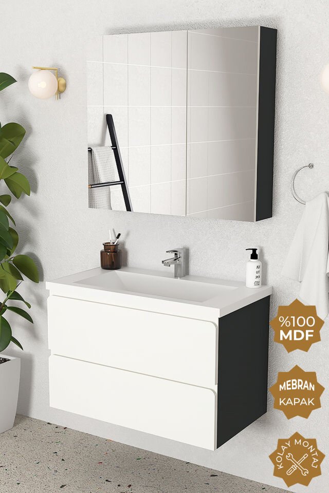Teta Home Granada 80 cm MDF Gövde Membran Kapak Banyo Dolabı Seti Antrasit-Beyaz
