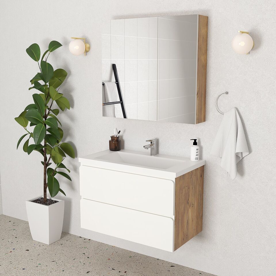 Teta Home Granada 80 cm MDF Gövde Membran Kapak Banyo Dolabı Seti Atlantik Çam- Beyaz